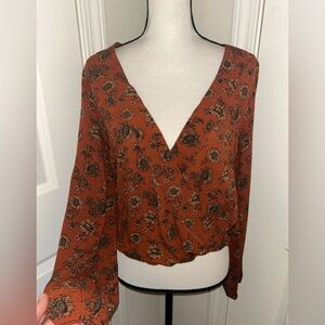 Boho Floral Rust V-Neck Women's long sleeve Top